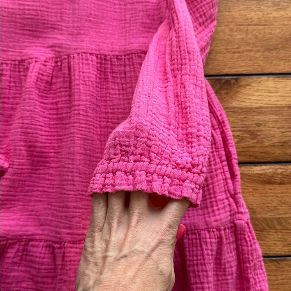 Boden Girls Pink Tiered Gauzy Cotton Dress 11-12y Pockets Long Sleeve Bow Detail
